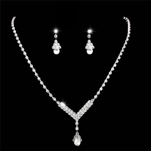 Trendy Female White Crystal Jewelry Set Classic Silver Color Wedding Stud Earrings For Women Cute Bridal Geometry Chain Necklace