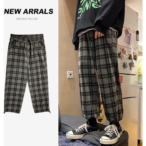 Fashion Oversize Plaid Pants Men Drawstring Wide Leg Vintage Checked Trousers Unisex Couple Bottoms Plus Size