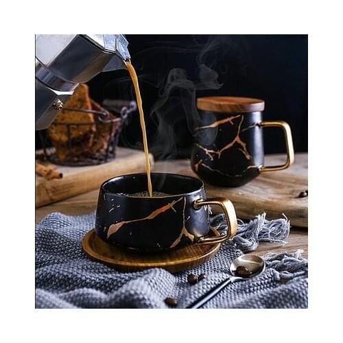Nordic Style1 set Coffee Cup Saucer Set Marbled Matte Gold Series Japanese Black and White Ceramic Coffee Cup Mug With Wooden