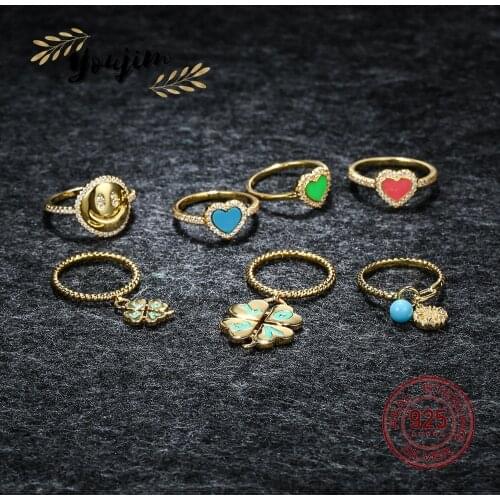 New Light Luxury 925 Silver Womens Zircon CZ Smile Heart-shaped Four-leaf Clover Ring Cute Fashion Monaco Jewelry Gift