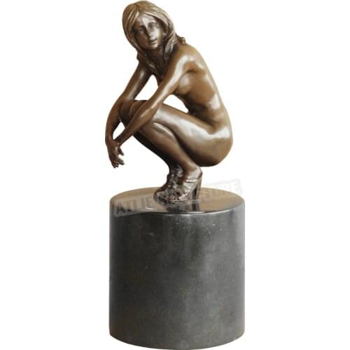 Nude Squatting Girl Bronze Statue Modern Naked Woman Sculpture Erotic Western Female Art Marble Base