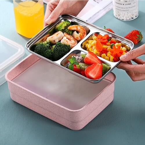 Kids Adult 3-Grids Portable Japanese Bento Lunch Box Stainless Steel Thermal Food Container with Dinner Spoon Fork Chopstick