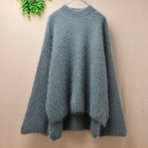 Ladies women fashion hairy o-neck mink cashmere knitted slit tail long sleeves loose pullover angora rabbit fur jumper sweater