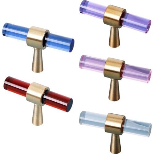 5 Pcs/Set Cabinet Knobs Glass Brass T Bar Handle Dresser Drawer Pull 60x12mm Blue/Chocolate /Purple/ Pink/ Lucency