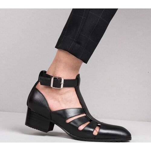 Summer Mens Sandals Genuine Leather Dress Men Shoes 5cm High Heels Casual Business Height Increase Sandal Pointed Toe Breathable