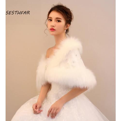Bride Shawl Boleros Winter Casual Occasion Wrap For Women Fur Wedding Faux Fur Stole Beaded Pin PJ035