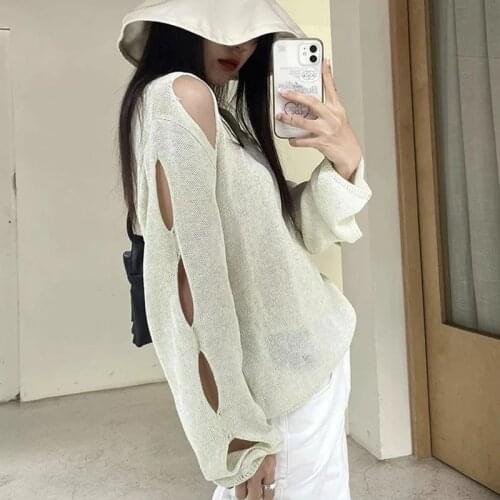 Loose Hollow Out Sweaters Women Oversize Knit Chic Pullovers Sexy Hole Ladies Jumpers Y2K Autumn Top Korean Casual Streetwear