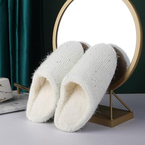 MLJUFEE Women Slippers Cashmere Autumn Winter Warm Plush Gray Color Washable Bling Furry Cozy Non-slip Home Cotton Slippers