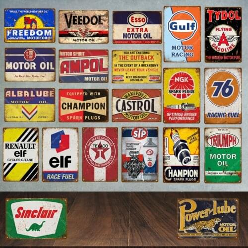 Vintage Ampol Veedol Motor Oil Metal Signs ELF Tydol Gasoline Garage Decor NGK Champion Spark Plugs Art Poster Wall Plaque