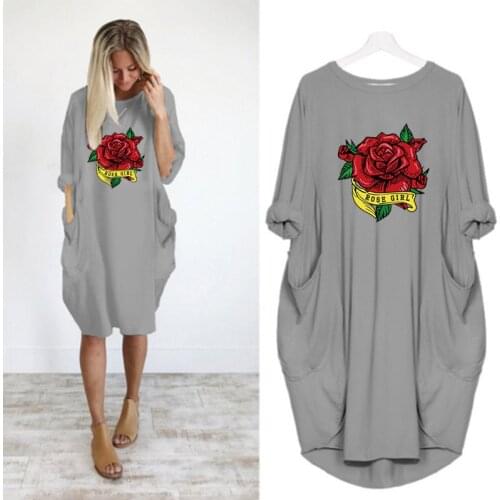 Plus Size Women Midi Nightdress Rose Print Long Sleeve Pocket Loose Sleepwear Romantic Dress Vintage Korean Fashion Home Clothes