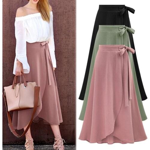 Fashion High Waist Dress Side Tie Beach Casual Wrap Skirt Women Solid Color Bandage High Waist Pleated Split Cross Long Skirt