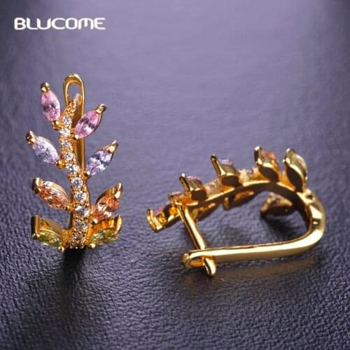 Blucome Colorful Cubic Zircon Stud Earrings For Women Gold Color Flower Leaf Shape Small Ear Piercings Copper Earring Joyeria