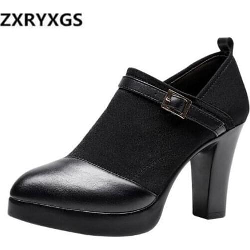 New Black Elegant Buckle Mate Genuine Leather Shoes Woman 2020 Spring Large Size Deep Mouth Women High Heel Shoes Fashion Shoes