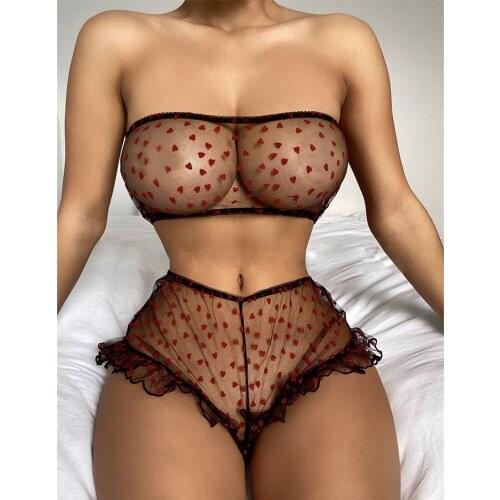 Womens Underwear Sexy Lace See Through Lingerie Love Pattern Bra Thong Erotic Lingerie Set Sex Babydolls Lenceria Plus Size 2XL
