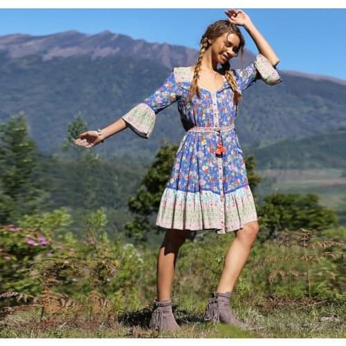 KHALEE YOSE Floral Midi Women Dress 2020 Holiday Vintage Short Dresses Drawstring Waist Button Front Flare Sleeve Gypsy Dress