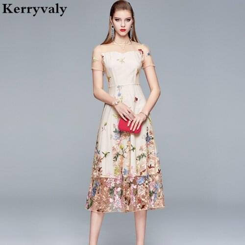 French Retro Slim Mesh Embroidery Summer Dress Vestidos Za Verano 2021 High Waist Beige Midi Party Dress Robe Femme K9810