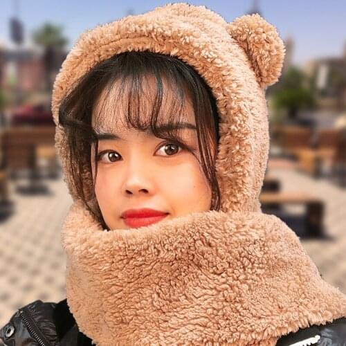 Winter Cashmere Thickened Cute Bear Ear Hat With Versatile Neckline And Warm Scarf Integrated Keep Warm Hats