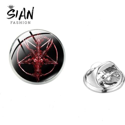 SIAN Satanism Baphomet Head Pentagram Brooches Pins Art Photo Glass Cabochon Stainless Steel Pin Brooch Supernatural Pagan Gifts