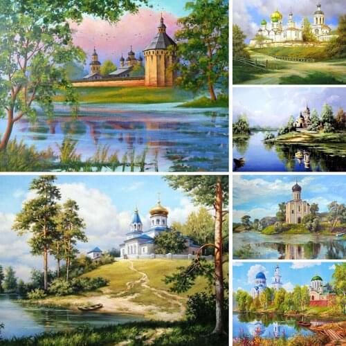Diy 5D Diamond Painting Landscape Church Cross Stitch Kit Full Drill Square Embroidery Mosaic Art Picture of Rhinestones Decor