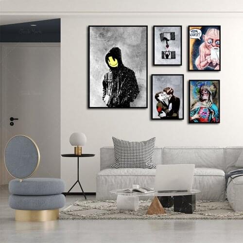 Banksy Graffiti Artwork Canvas Painting Girl With Poster Black White Abstract Wall Pictures for Nordic Home Decor