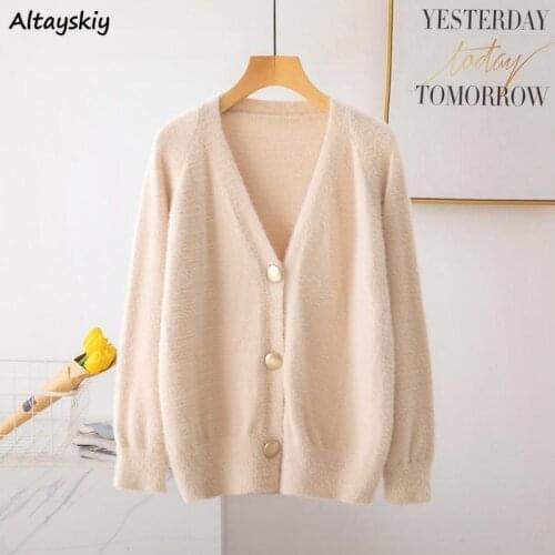 Cardigan Women Single Breasted Pure Color Students Fashion Loose Female Ulzzang Knitted Mujer De Moda V-neck Simple Korean Style