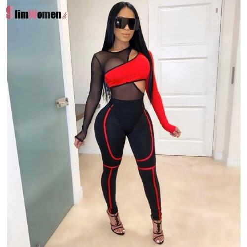 Stripe Color Block Mesh Side Hollow Jumpsuit 2 Piece Set Long Sleeve Casual Bodycon Romper Tracksuit Club Bodysuits Overalls