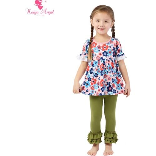 Kaiya Angel Girls Fashion Clothes Red Pink Blue Five Flower Shirt Toddler Outfit Kids Suit for Girls Top Ruffled Pants Wholesale