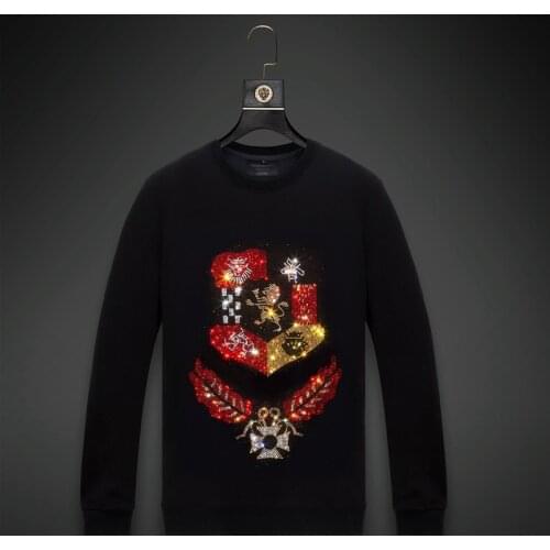 2021 Men colorful Rhinestones Hoodie Sweatshirt Fashion Streetwear Full Pullover Hoodie Black O Neck Cotton Mens Autumn Clothes