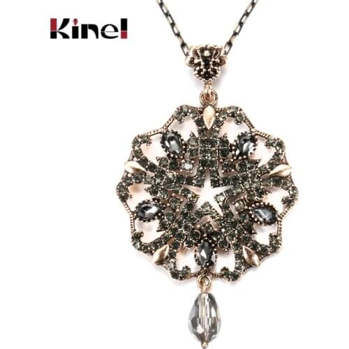 Kinel 2020 New Arrival Women Grey Crystal Flower Necklace Antique Gold Big Pendant Necklace Vintage Wedding Jewelry Luxury Gift