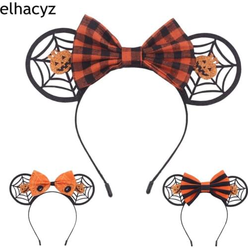 9pcs/lot Halloween Spider Web Mouse Ears Hairband Women Girls Glitter Felt Plaid Bow Cartoon Pumpkin Pad Headband Hair Accessory