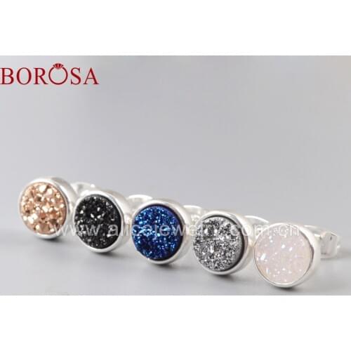 BOROSA 5Pairs Fashion 9mm Round Silver Color Titanium Rainbow Druzy Stud Earrings Natural Drusy Stud Earring Jewelry ZS0198