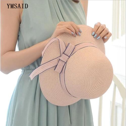 Ymsaid New Fashion Woman Sun Hats Female Wide Brim Foldable Bowknot Hand Made Straw Hat Casual Woman Kid Summer Beach Hat