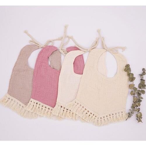 Newborn Baby Saliva Towel Product Muslin Baby Bibs Cotton Solid Color Lace Tassels Girls Scarf Collar With Bow Tie Baby Feeding