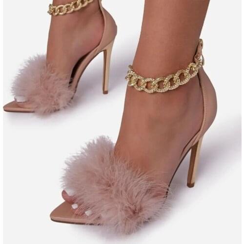 Summer New Womens Shoes Fluffy Plush High Heel Sandals Open Toe Fashion Party Dress Pump Shoes Formal Wear Temperament Stiletto