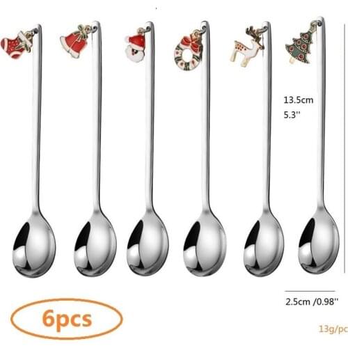 Creative Gold Christmas Spoon Long Handle Coffee spoons Xmas Gift Silverware Stainless Steel Teaspoon Children Cutlery 5.3' 6pcs