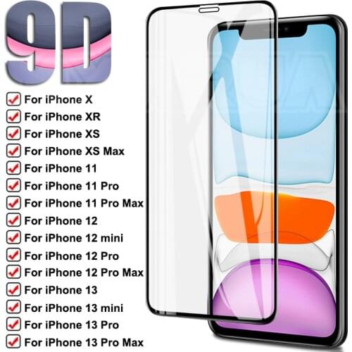 9D Full Cover Protective Glass For iPhone 13 11 12 Pro Max Screen Protector For iPhone X XS Max XR 13 12 Mini Glass Film Case