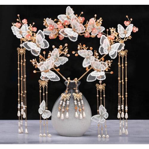 FORSEVEN Butterfly Flower Step Shake Long Tassel Crystal Pearls Hairpins Clips Hair Combs Ear Clips Chinese Wedding Jewelry Sets