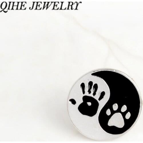 QIHE JEWELRY Taiji Ying yang black and white round pendant Human hand print and dog print pins Lapel pin Badge Best friend