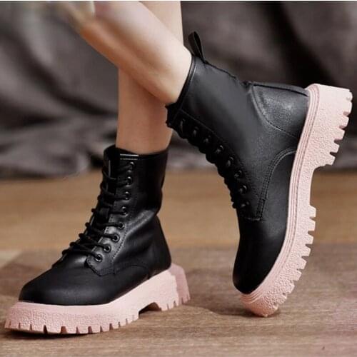 PU Leather Womens Ankle Boots 2021 Autumn New Fashion Platform Boots Round Toe Low Heel Lace-up Comfortable Boots for Women
