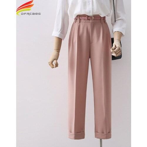New 2021 Autumn Pink Suits Pants Women Free Belt Korean Fashion High Elastic Waist Cotton Ankle-Length Ladies Harem Trousers