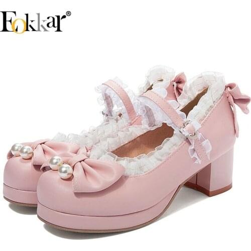 Eokkar 2020 Women Block Heel Mary Jane Lolita Shoes Cosplay Rockabilly Pumps with Bow Lace Pumps for Ladies Shoes Size 34-45