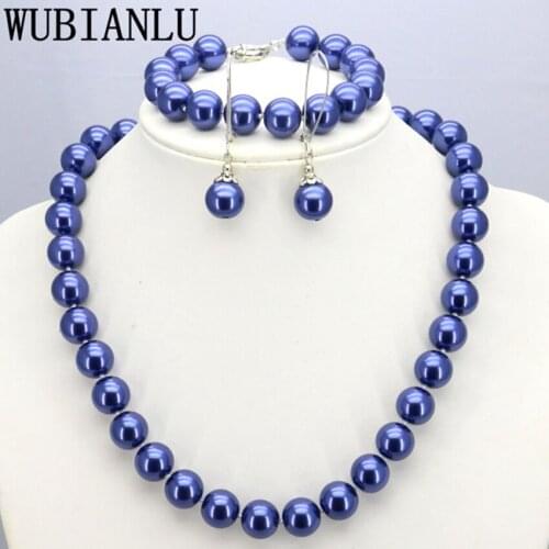 WUBIANLU 19 style 12mm Dark Blue Glass Pearl Necklace Set Necklaces 45cm Bracelet 19cm Earring Women Jewelry Making Design