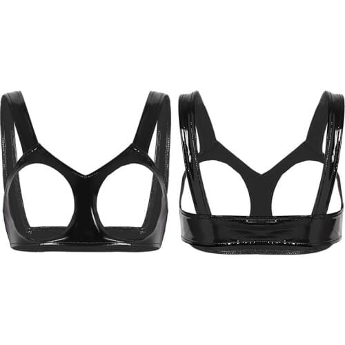 Women Sexy Erotic Open Cups Bra Erotic Lingerie Wetlook Faux Leather Fetish Bra Cut Exposed Breast Underwear Vest Tank Crop Top