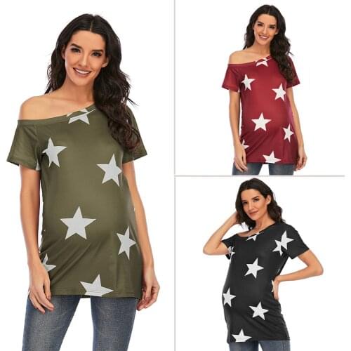 Womens Five-pointed Star Maternity Short Sleeve Side Top Off Shoulder Pregnancy Shirt Pregnant Clothes Premama Casual Tops Tee