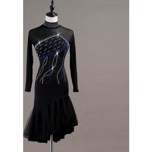 Sexy See-through Latin Dance Dress Women Shiny Rhinestones Rumba Cha Cha Group Dance Costume Competition Skirt Can Be Customized