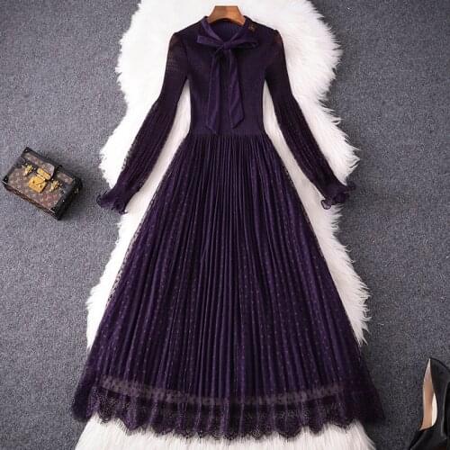 Spring Autumn 2021 Fashion Designers Flare Sleeve Bow Collar Mid Calf Mesh Dress Party Elegant Purple Vintage Vestidos Women