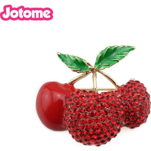 100pcs/lot free shipping Wholesale Metal Red Enamel Rhinestone Cherry Fruit badge Brooch Pins