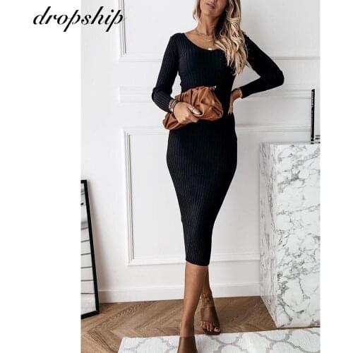 2020 Autumn And Winter V-neck White Black Bodycon Sweater Dress Long-sleeve Knitted Women Long Dress Sexy Party Womens Clothing