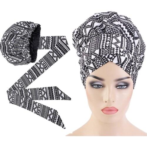 African Print Satin Bonnet With Long Ribbon Wrap Double Layer Headwrap Ankara Pattern Women Hair Cover Large Size Hair Wrap Cap