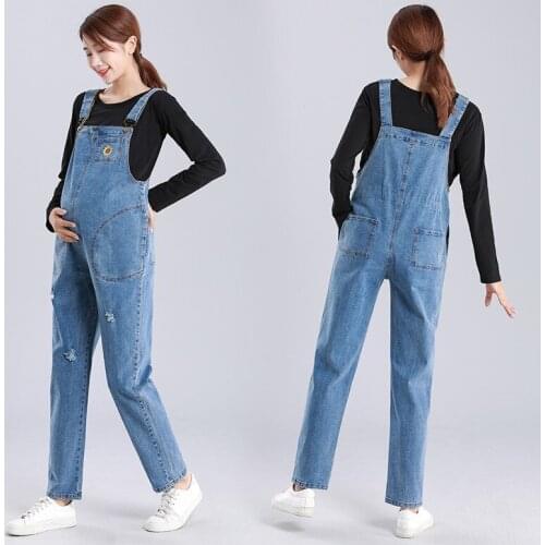 Fashion Maternity Pocket Jeans Women Autumn Bib Pants Overalls Shoulder Strap Jumpsuit Large Size Pregnant Denim Jeans Pants